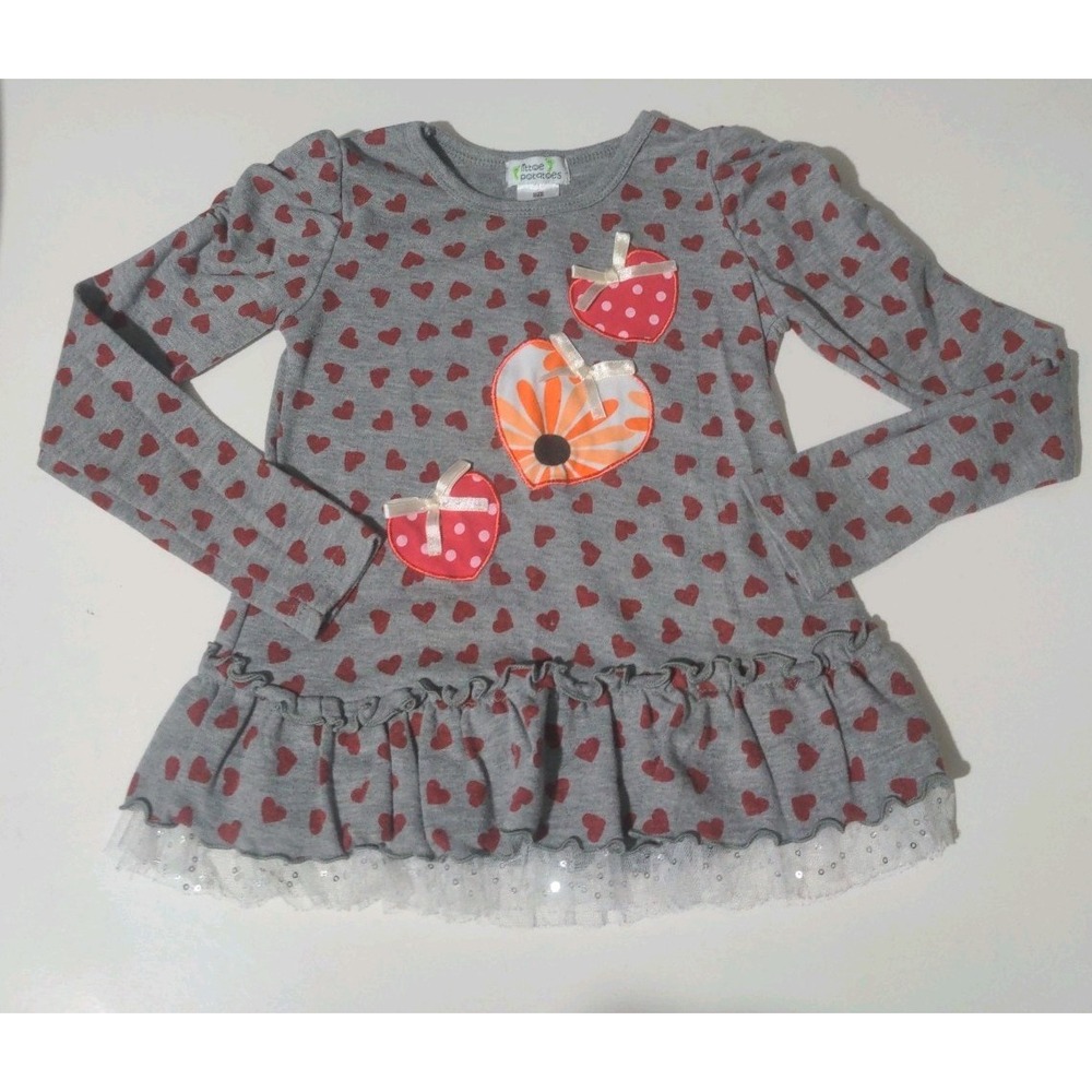 Littoe Potatoes Toddler Girl Gray Long Sleeve Top With Hearts Tulle Hem. Size 4 - Picture 1 of 6